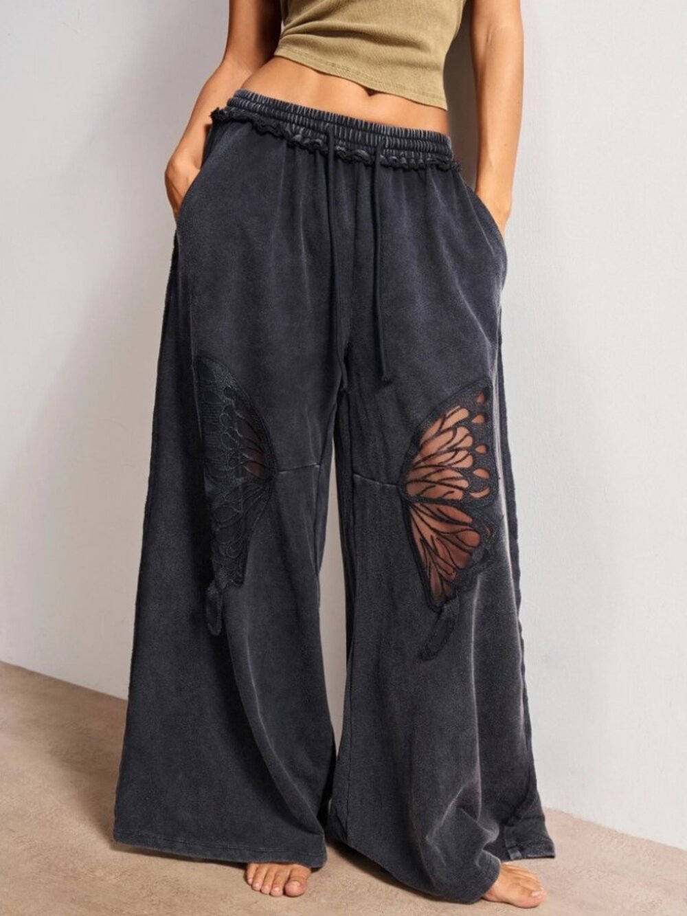 Black Acid Wash Butterfly Cutout Wide Leg Sweatpants